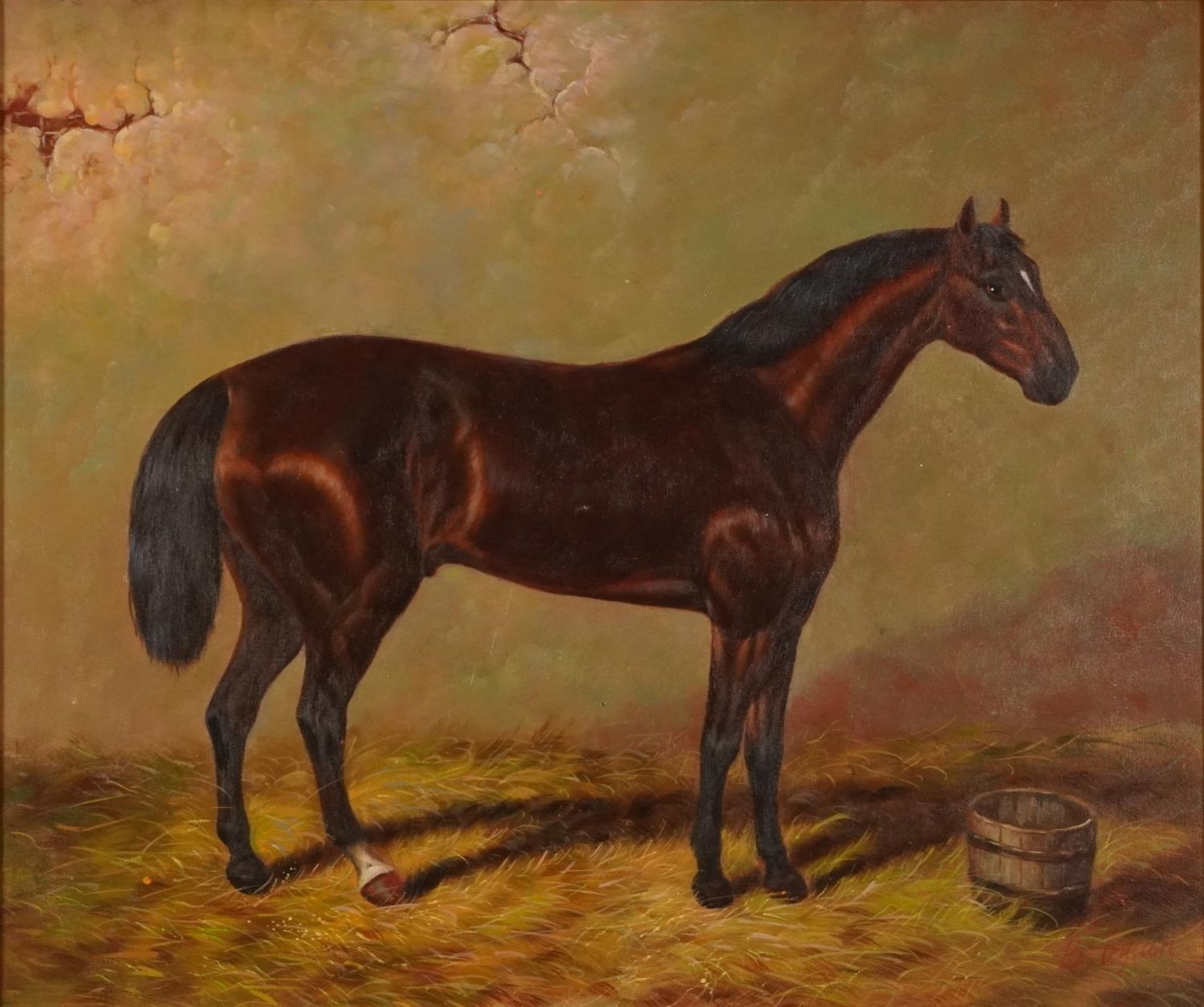 Study of a bay horse, equestrian interest oil on canvas, indistinctly signed, mounted and framed,