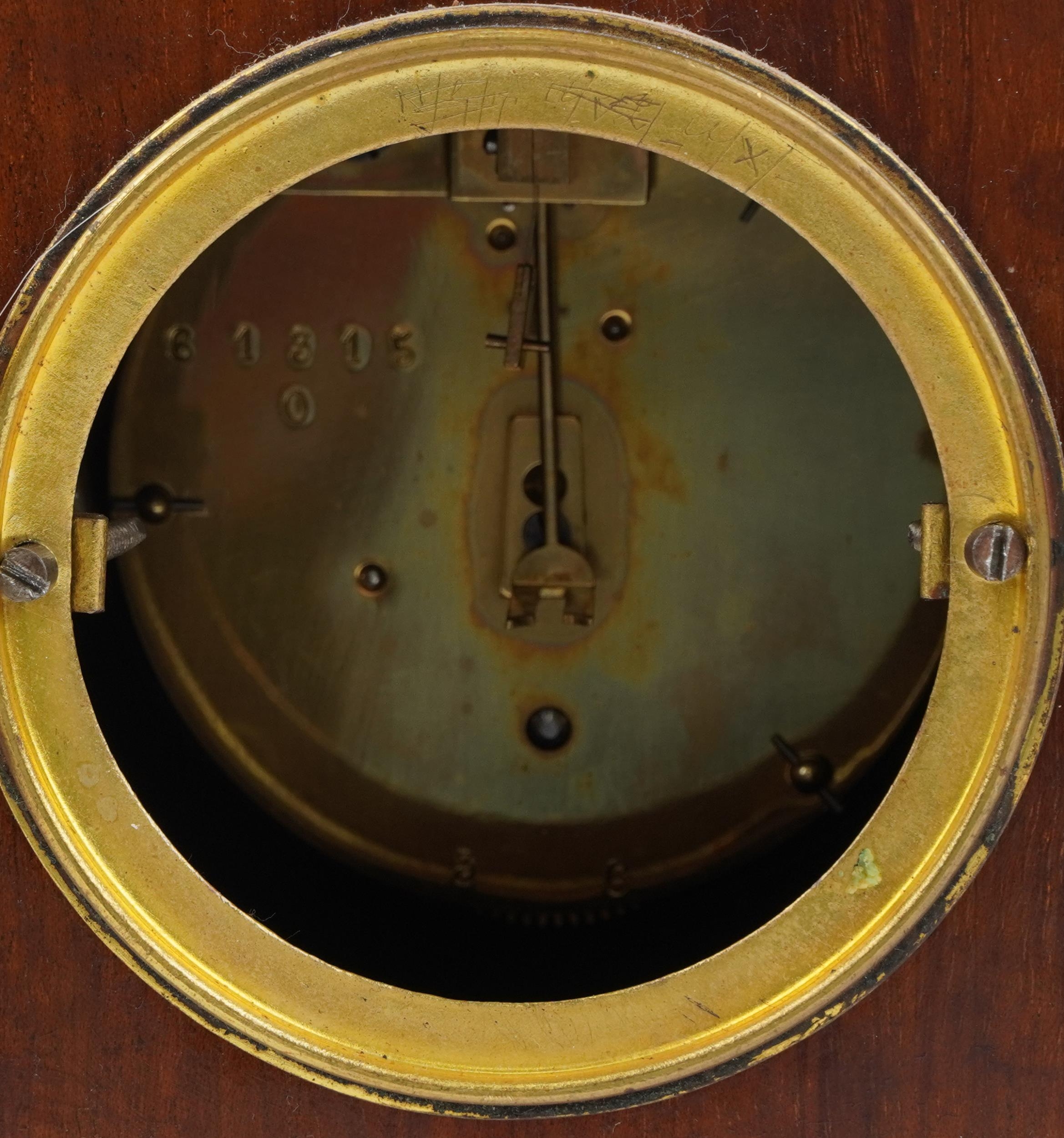 Edwardian inlaid mahogany mantle clock, the enamelled dial with Arabic numerals, 24cm high - Image 3 of 4
