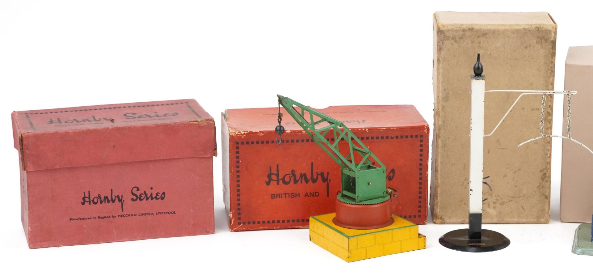 Five Hornby O gauge tinplate model railway signals and accessories with boxes including two platform - Image 2 of 3