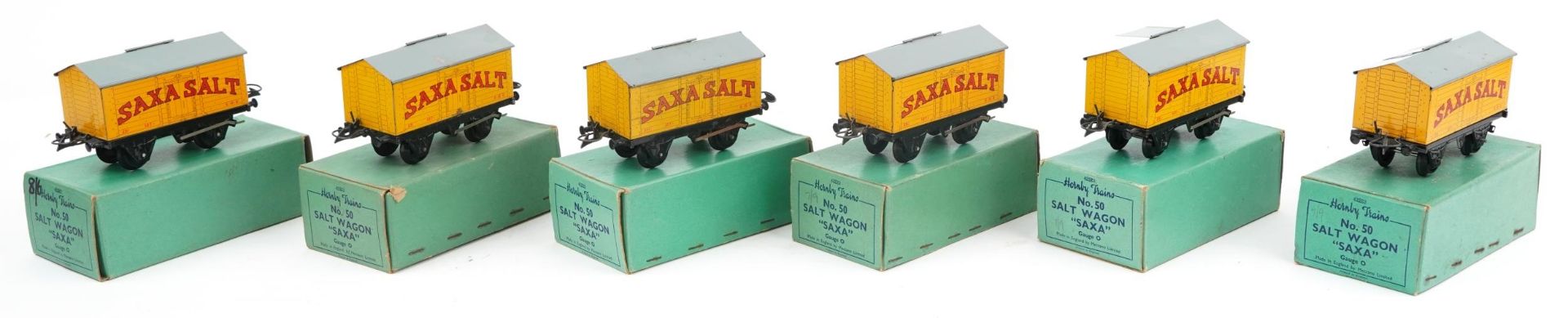 Six Hornby O gauge tinplate model railway no 50 Saxa salt wagons with boxes - Image 4 of 5