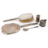 Art Deco silver comprising hand mirror, brush, mustard and caster together with a silver and