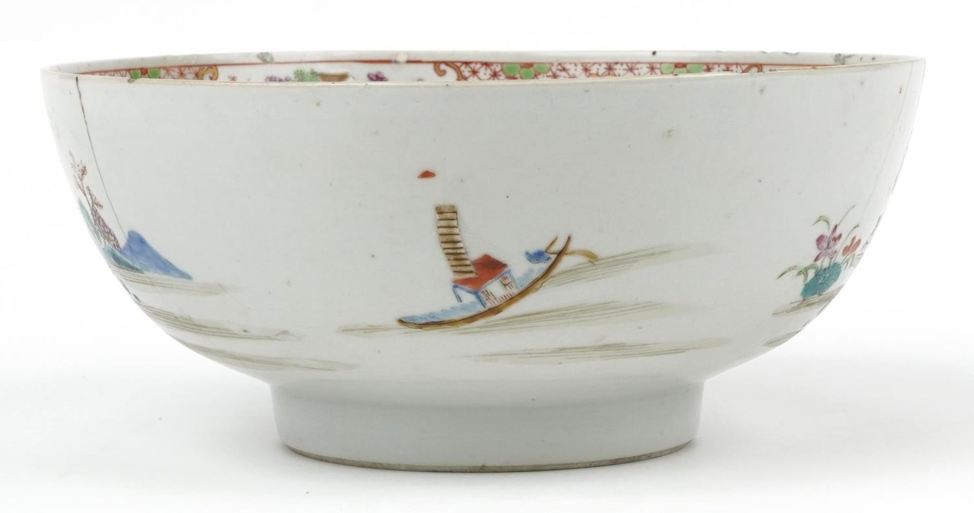 Large Chinese porcelain footed bowl hand painted in the famille rose palette with a continuous river - Image 3 of 8
