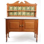 Victorian pine washstand with marble top and Aesthetic tiled back, 131cm H x 107cm W x 51cm D
