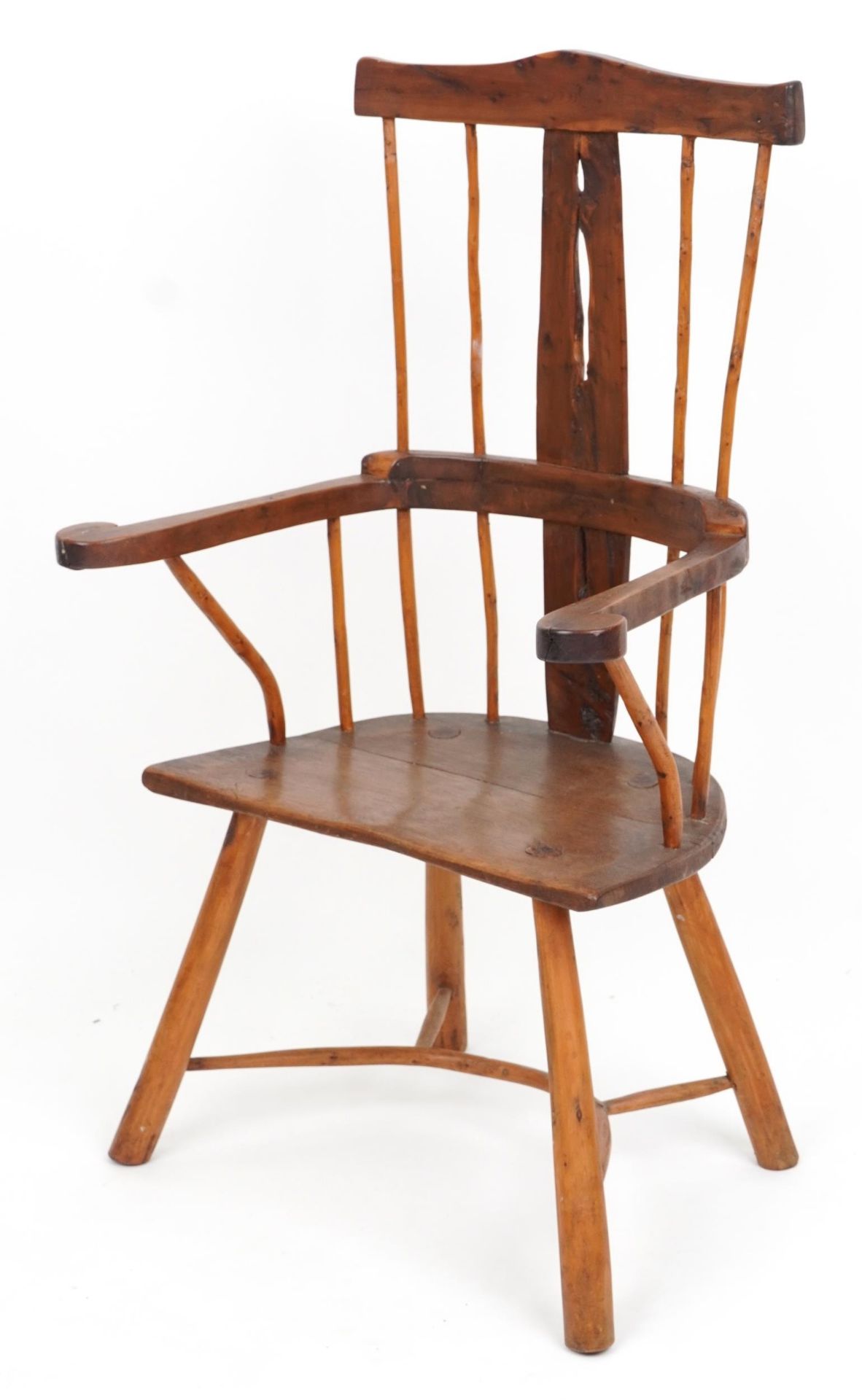 Antique country spindle back chair with pierced splat, 101cm high