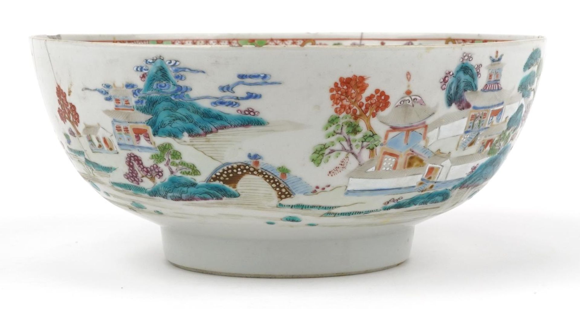 Large Chinese porcelain footed bowl hand painted in the famille rose palette with a continuous river