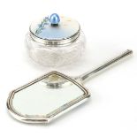 Albert Carter, Art Deco style silver and guilloche enamel dressing table mirror and powder pot