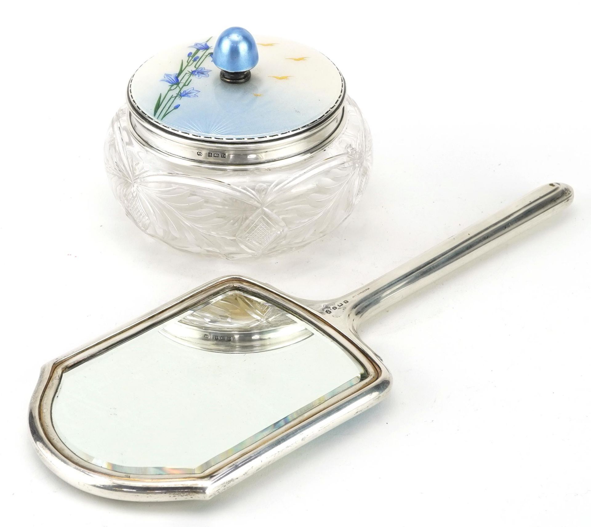 Albert Carter, Art Deco style silver and guilloche enamel dressing table mirror and powder pot