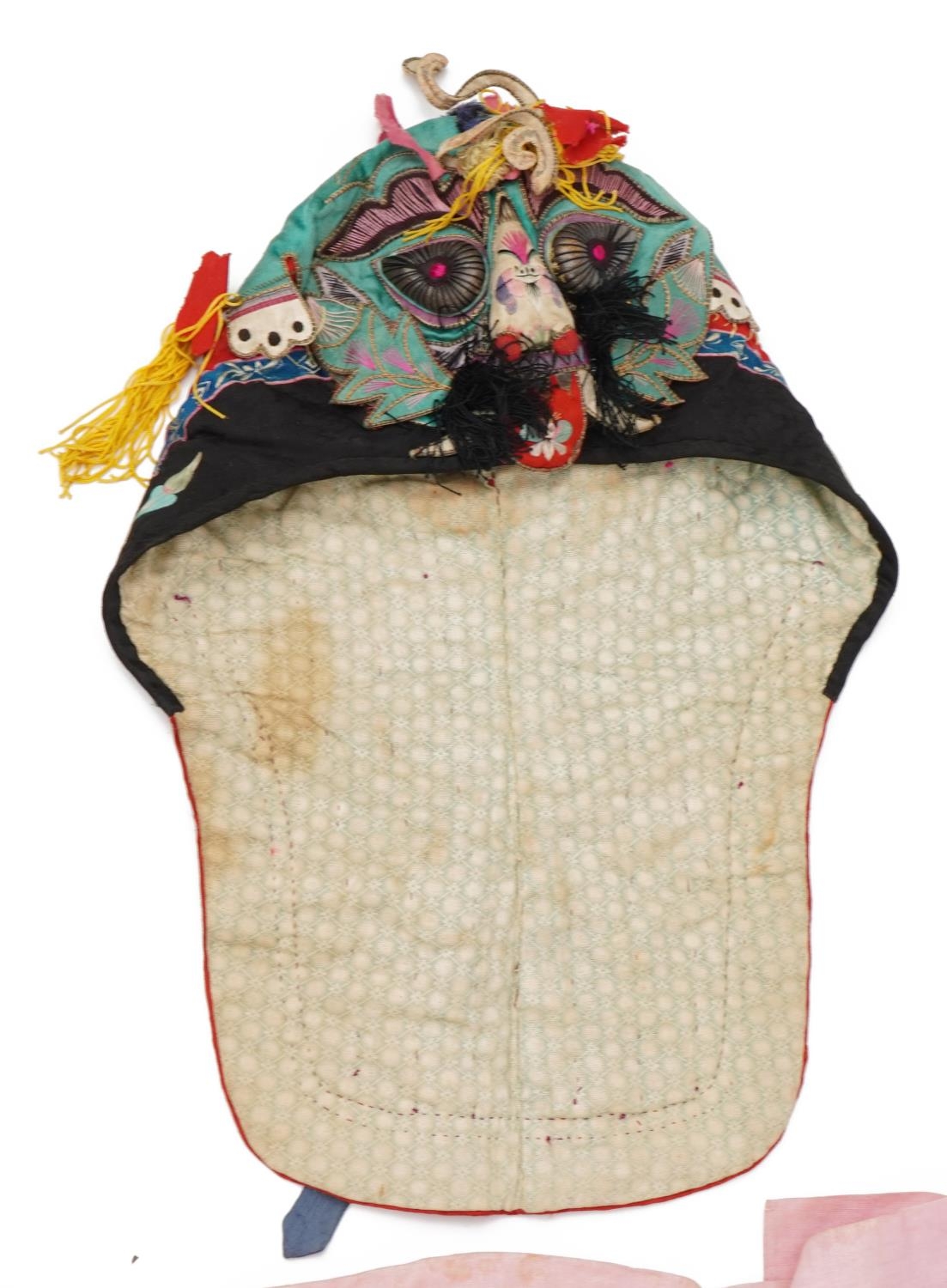 Chinese Canton silk skirt embroidered with flowers and a silk hat embroidered with a toad, the - Image 3 of 12