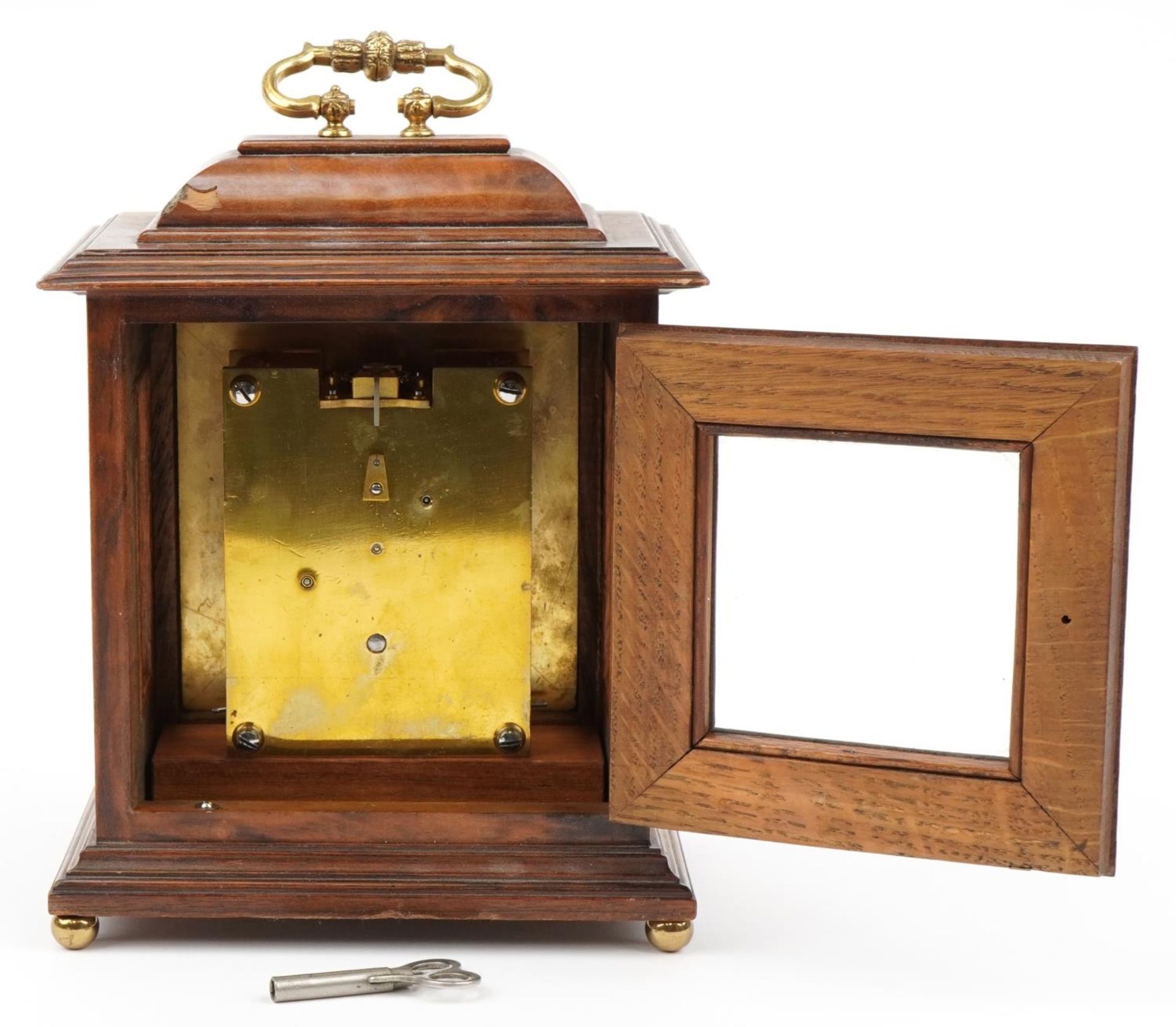 Victorian burr wood mantle clock with gilt metal mounts and silvered dial having Roman numerals - Image 6 of 8