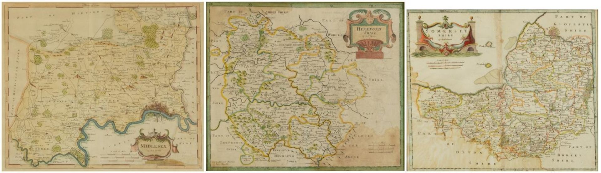 Three Robert Morden antique hand coloured maps comprising Herefordshire, Somersetshire and