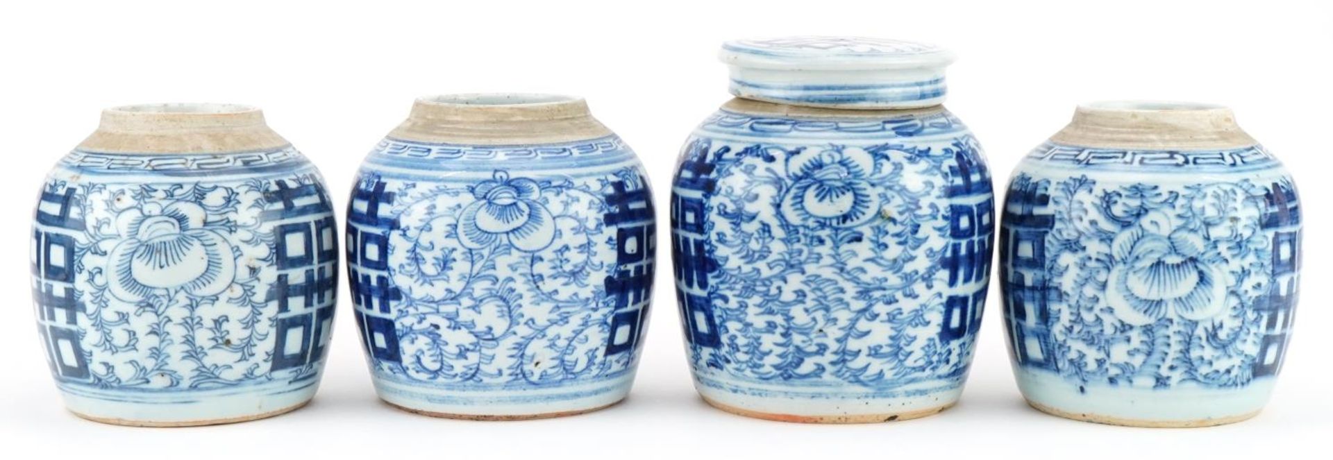 Four Chinese blue and white porcelain ginger jars, one with lid, each hand painted with flowers, the - Image 5 of 12