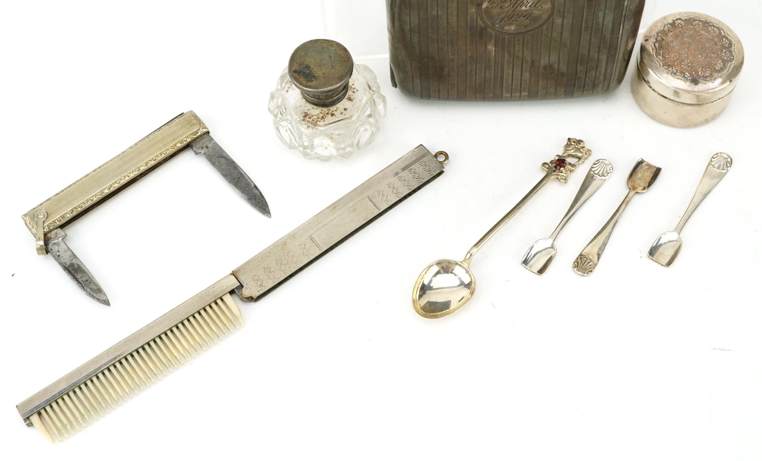 Silver objects including a rectangular cigarette case, circular pillbox and folding comb, the - Image 5 of 8