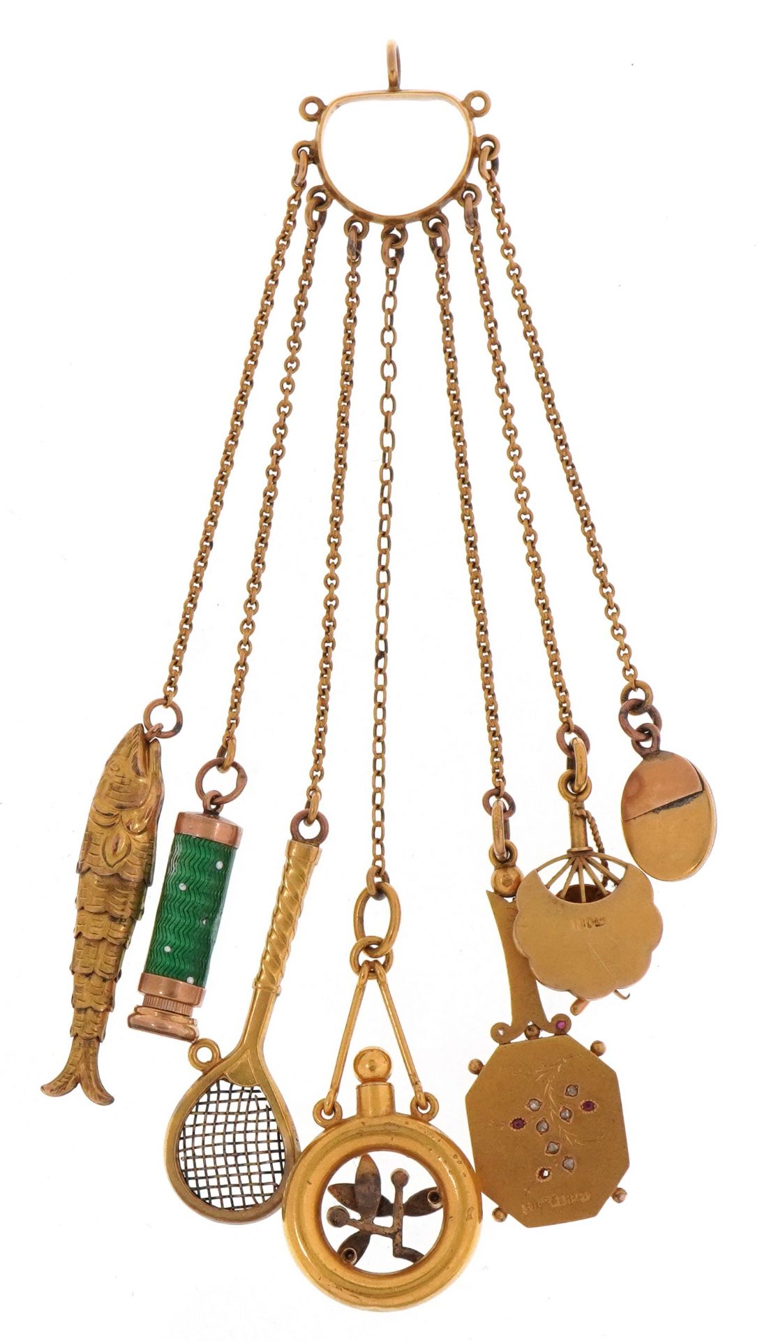 Antique 22ct gold chatelaine with six gold implements and pendants and a yellow metal articulated - Image 5 of 6