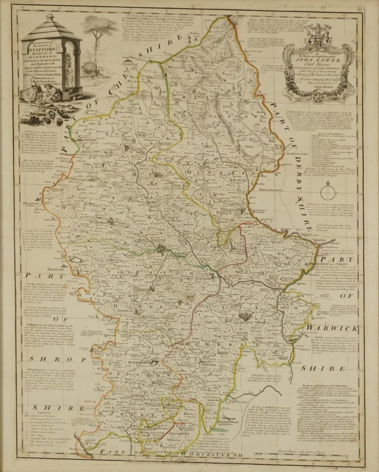 An Improved Map of the County of Stafford, hand coloured antique map by Emmanuel Bowen, The Graves