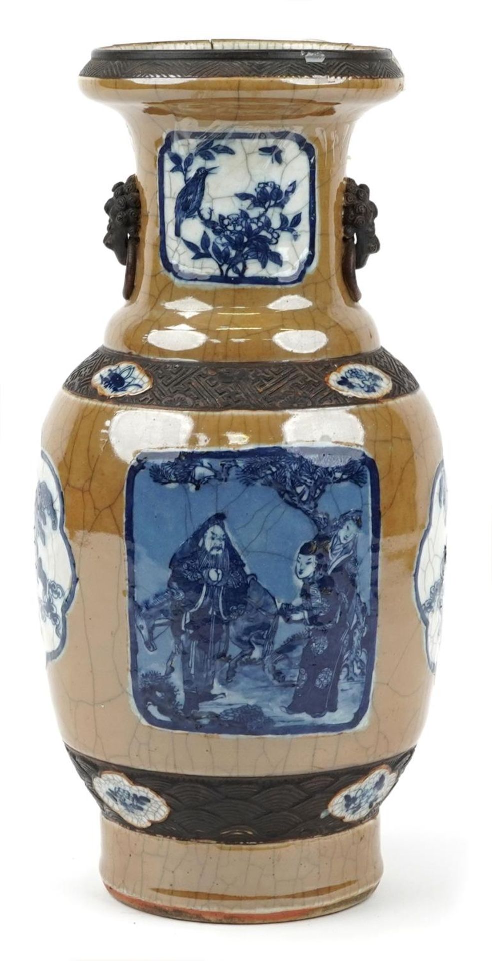 Large Chinese crackle glaze porcelain vase with animalia ring turned handles, hand painted with