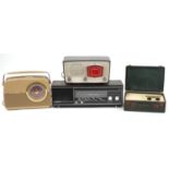 Four vintage radios comprising Bush TR82/97, Vidor, Philips B3G85U and Philips 22RB382/15, the