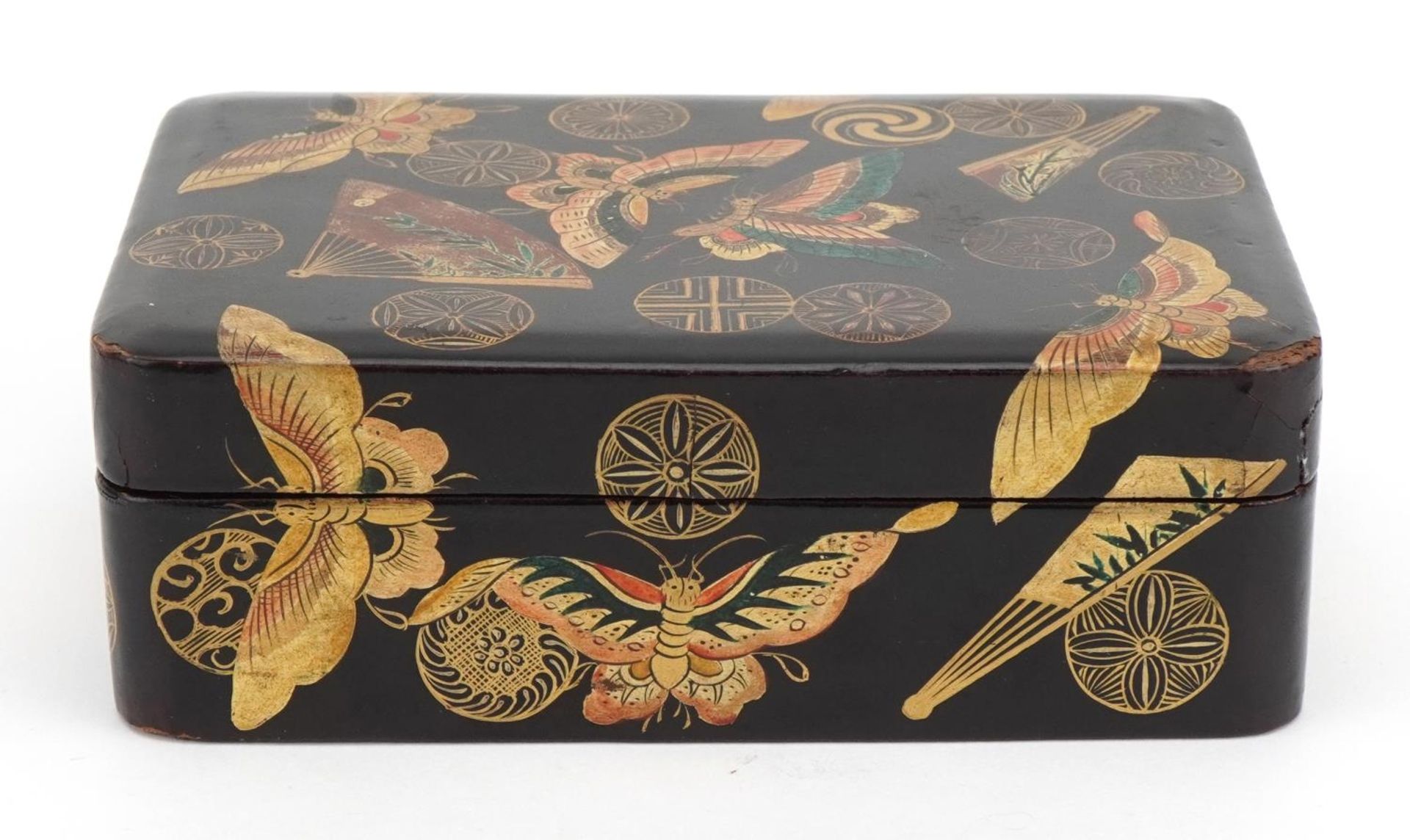 Japanese lacquered box and cover gilded with butterflies amongst fans and stylised roundels, 5cm x - Image 4 of 14
