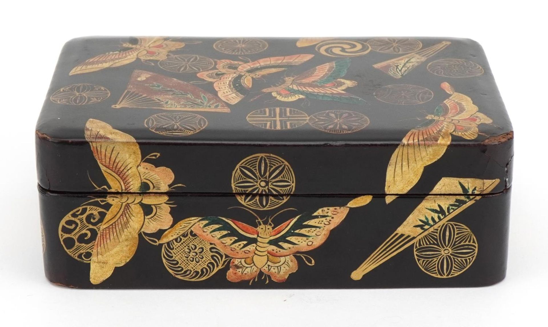 Japanese lacquered box and cover gilded with butterflies amongst fans and stylised roundels, 5cm x - Bild 4 aus 14