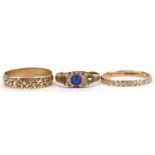 Three 9ct gold rings including a diamond eternity and Victorian style paste example, sizes Q, T