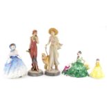 Five Royal Doulton figurines including two Classique examples raised on circular bases