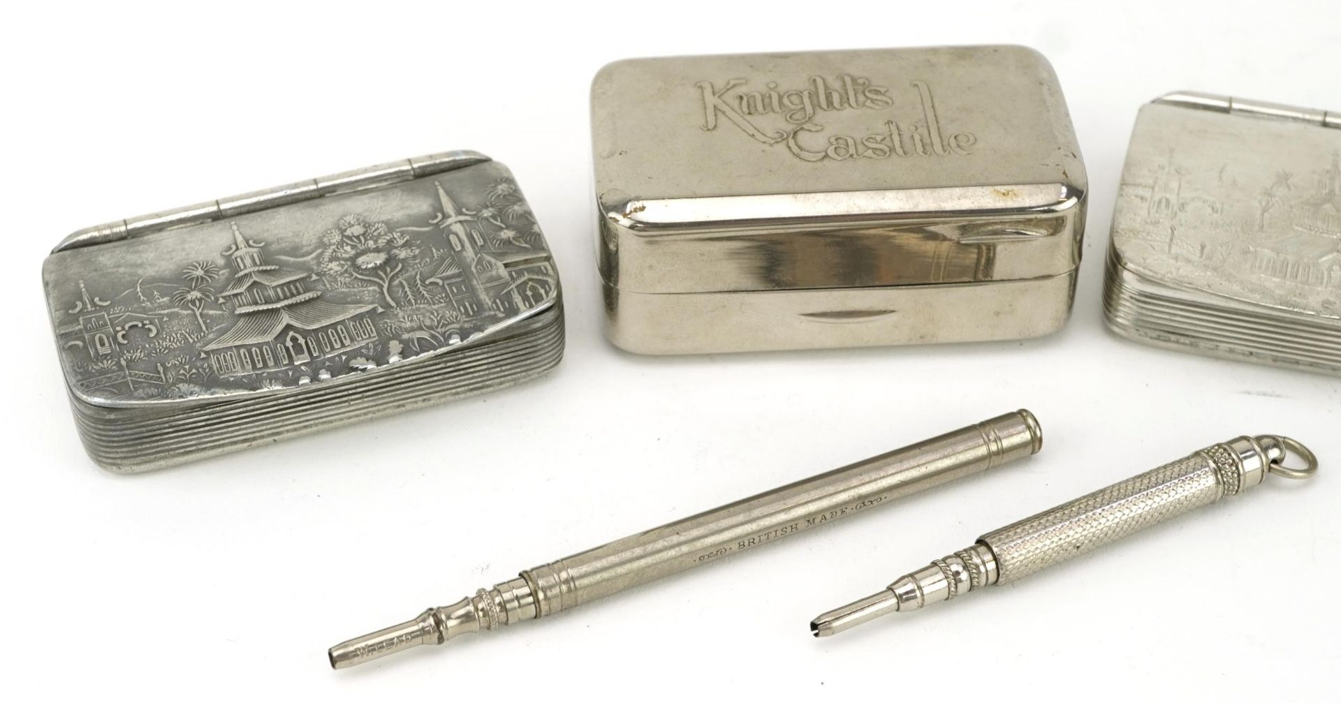 Three pewter snuff boxes together with two propelling pencils and one other case including two - Image 2 of 4