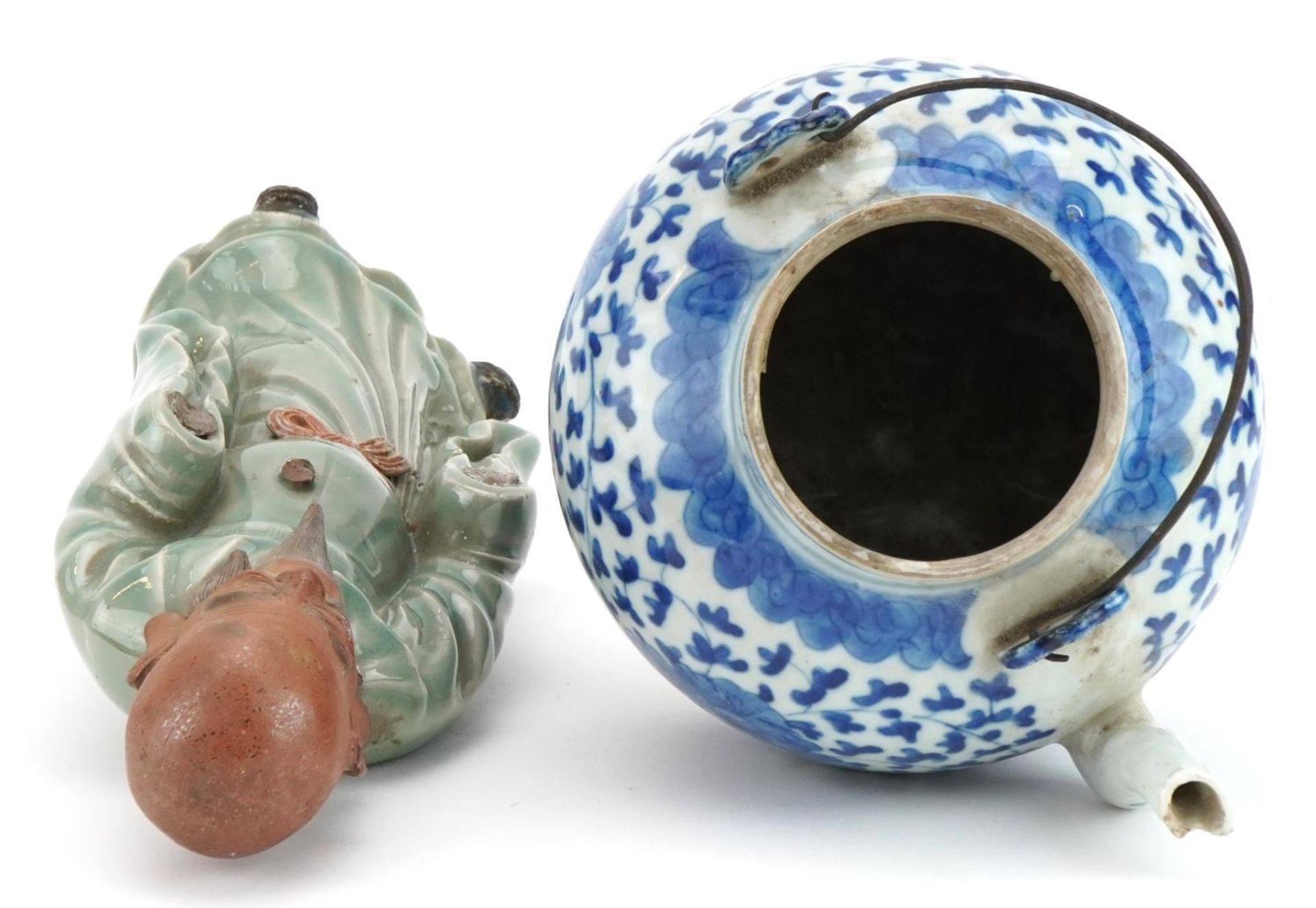 Chinese blue and white porcelain teapot and a celadon glazed figure, the largest 30cm high - Image 6 of 7