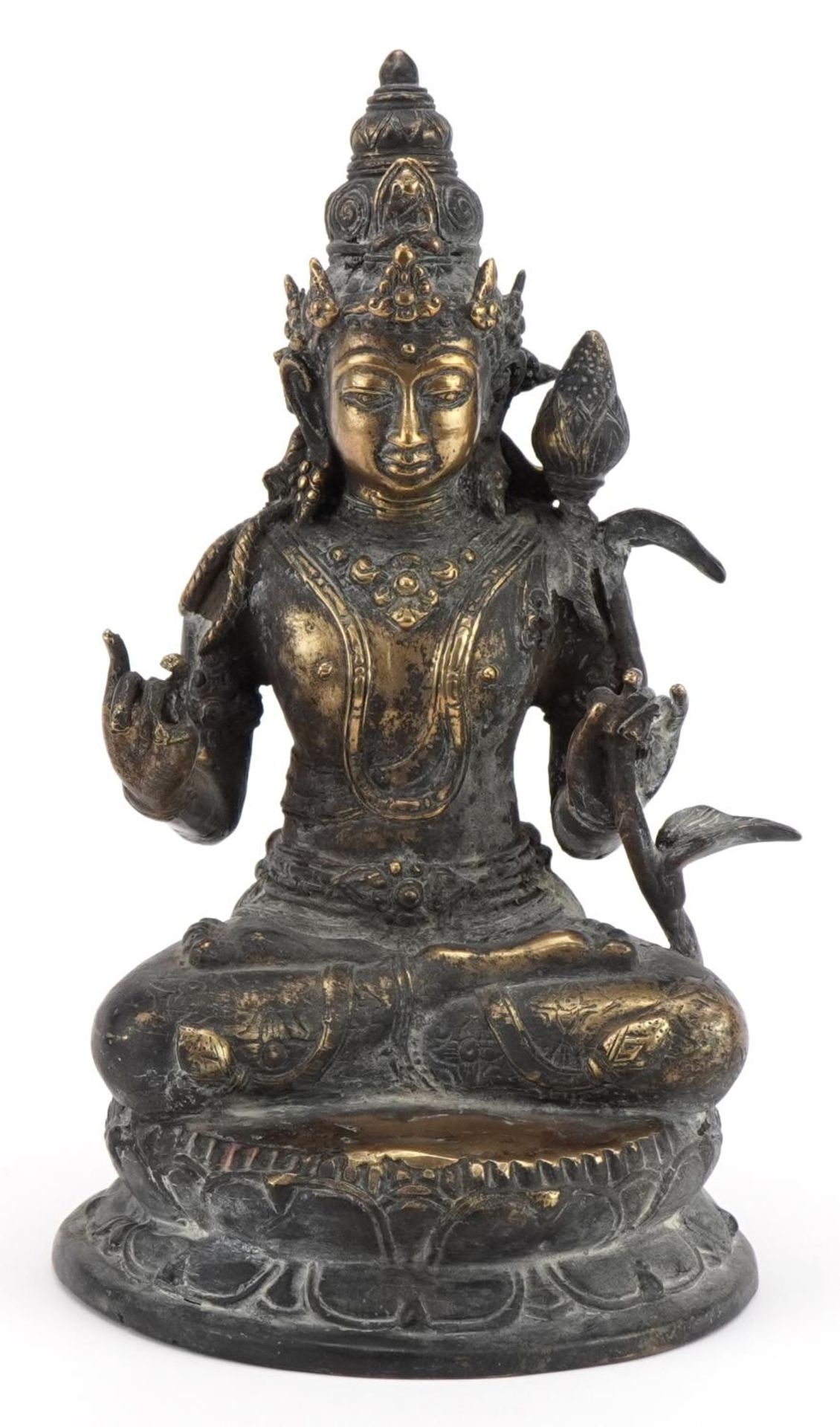 Chino Tibetan patinated bronze figure of seated Buddha, 29cm high