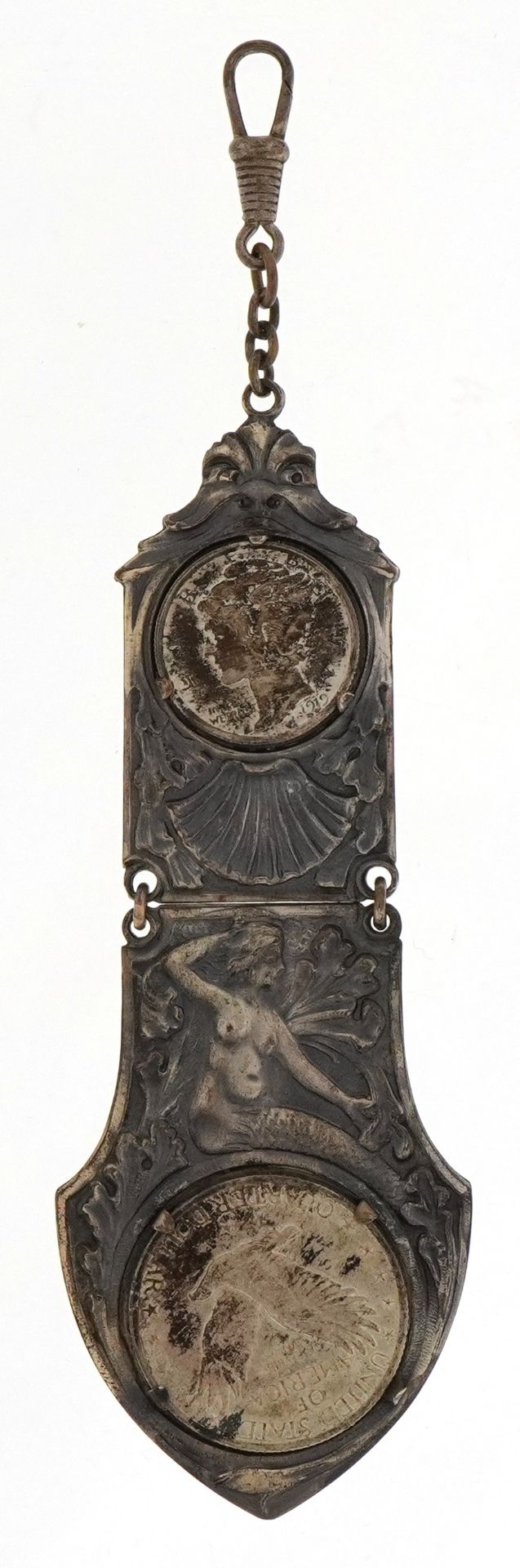 Art Nouveau white metal keyring embossed with a mermaid and set with a American 1917 quarter