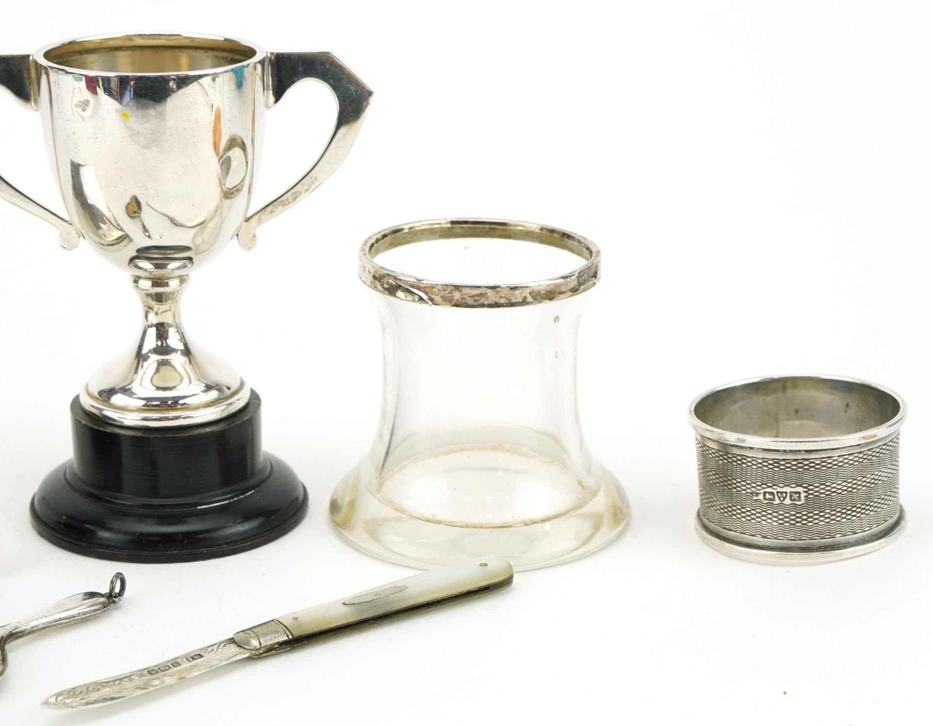 Silver objects including a cigarette box, twin handled trophy and mother of pearl folding fruit - Image 6 of 8
