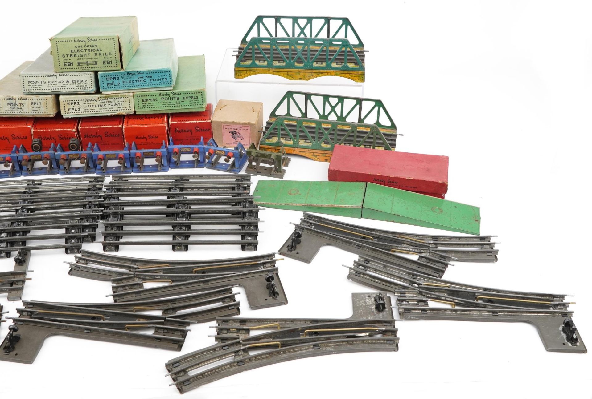 Collection of Hornby O gauge tinplate model railway track, connecting plates, rails and bridges, - Image 3 of 3