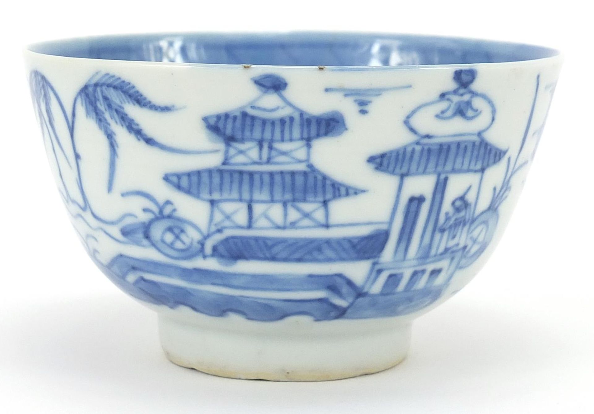Chinese blue and white porcelain bowl hand painted with a river landscape, 9.5cm in diameter