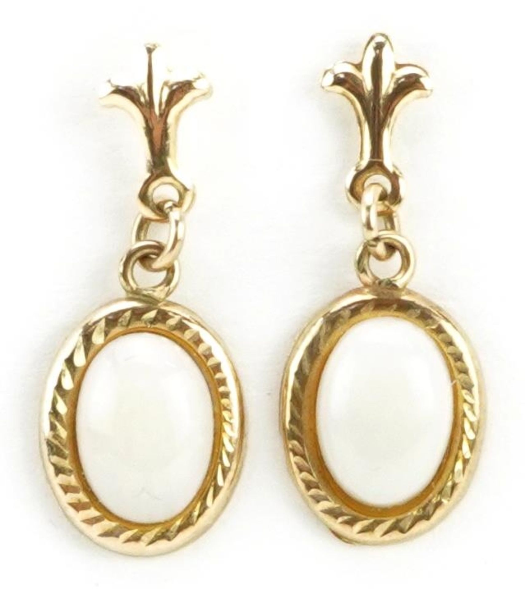 Pair of 9ct gold cabochon opal drop earrings, 1.9cm high, 0.7g