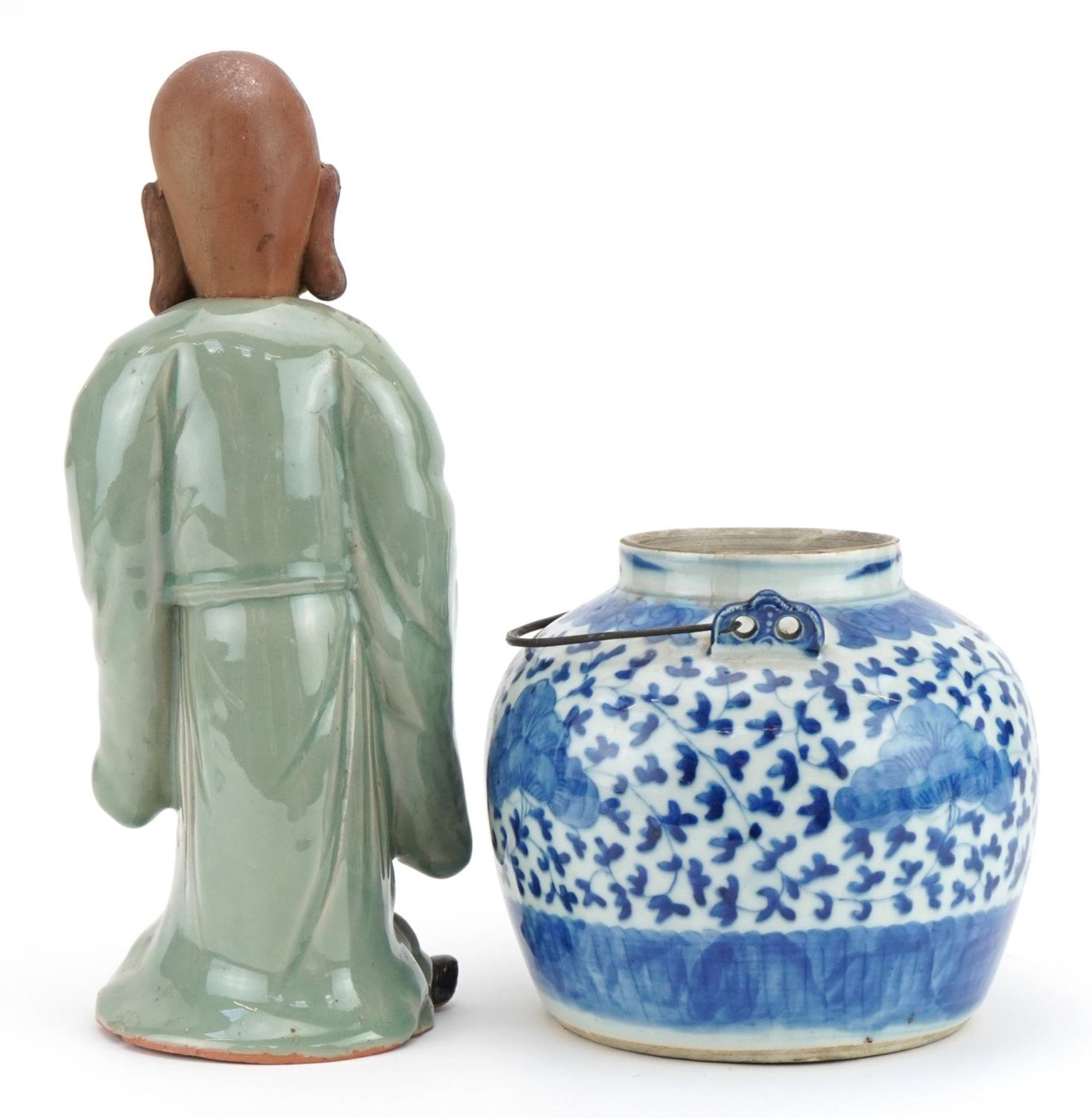 Chinese blue and white porcelain teapot and a celadon glazed figure, the largest 30cm high - Image 4 of 7