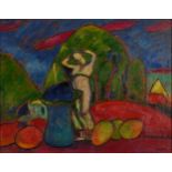 Surreal composition, female before a landscape, Scottish Colourist oil on board, inscribed verso,