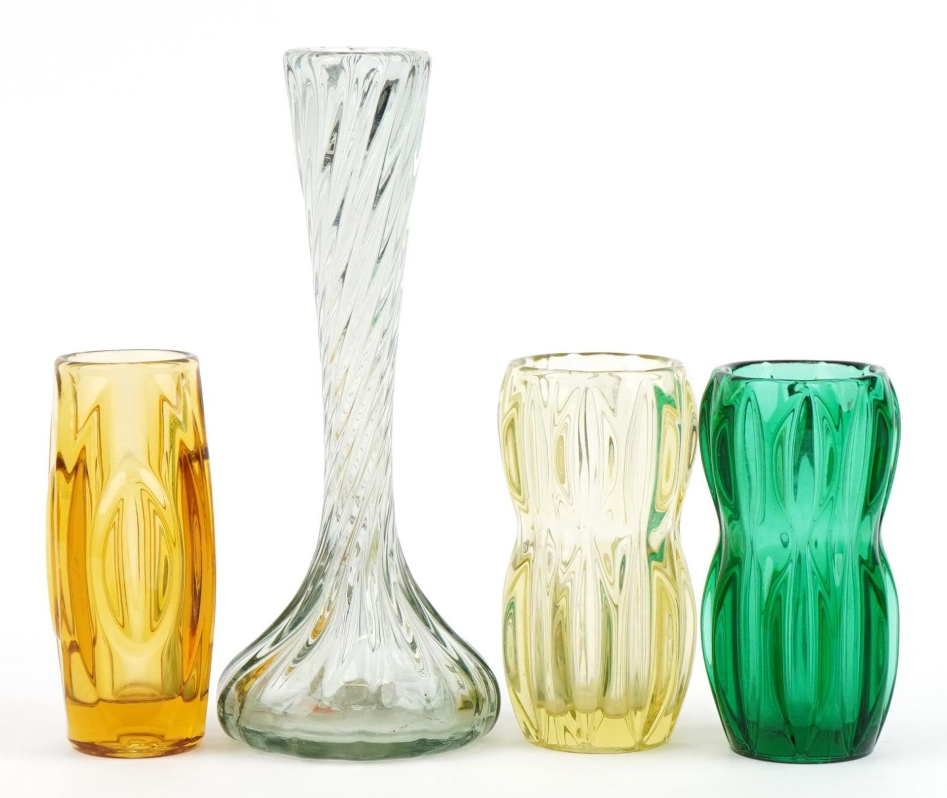 Three Czechoslovakian Sklo Union art glass vases and a Maure Veil vase, the largest 27cm high