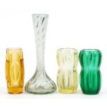 Three Czechoslovakian Sklo Union art glass vases and a Maure Veil vase, the largest 27cm high