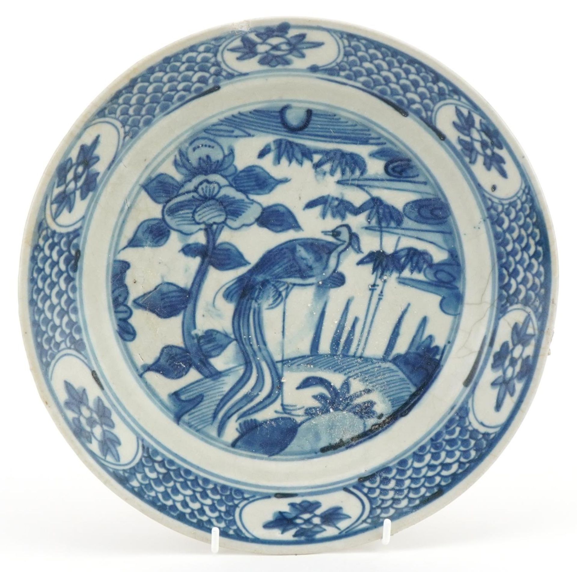 Chinese blue and white porcelain Binh Thuan wreck shallow dish hand painted with crane amongst