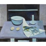 Still life, vessels and fish, oil on board, mounted and framed, 60cm x 49cm excluding the mount