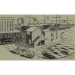 Edward Bawden - Industrial port scene with figures, lithographic print, various inscriptions verso