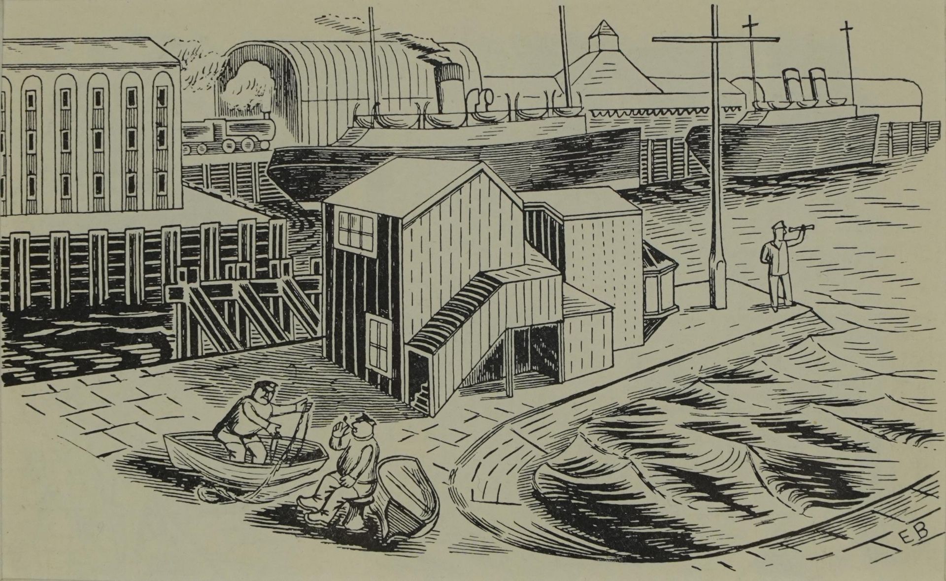 Edward Bawden - Industrial port scene with figures, lithographic print, various inscriptions verso