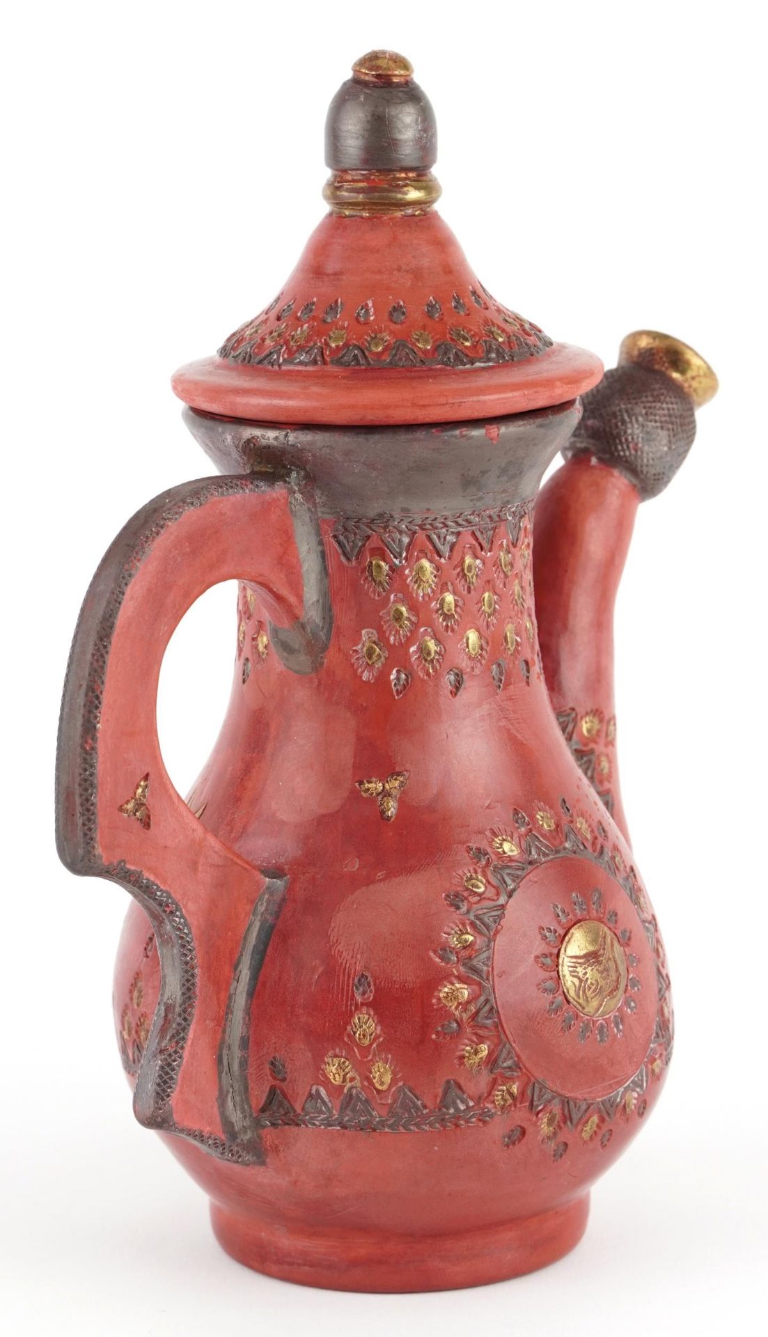 Turkish Tophane terracotta coffee pot with gilt decoration, 21cm high - Image 4 of 8