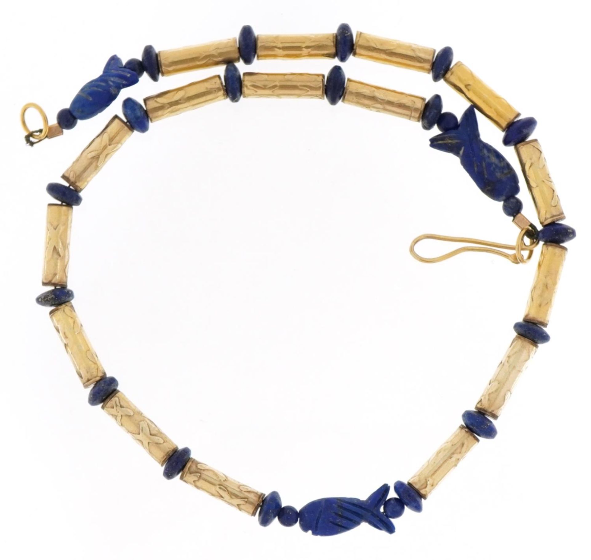 Egyptian style unmarked gold bead and carved lapis lazuli necklace, tests as 14ct gold, total 29.8g - Image 2 of 3