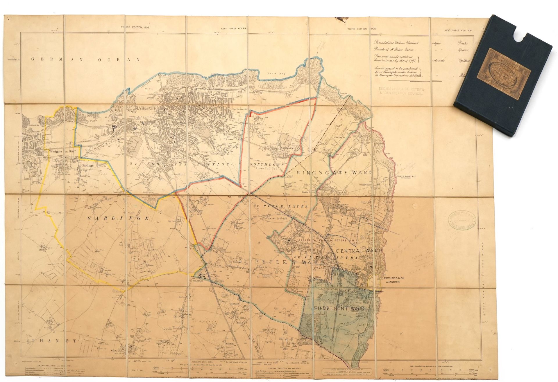 Early 20th century Edward Stanford canvas backed folding map of the German ocean with slip case,