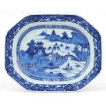 Chinese blue and white porcelain meat platter hand painted with a river landscape and junks, 41cm