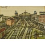 After Bernard Buffet - Railroad Train Depot, print in colour, mounted and framed, 22.5cm x 16cm