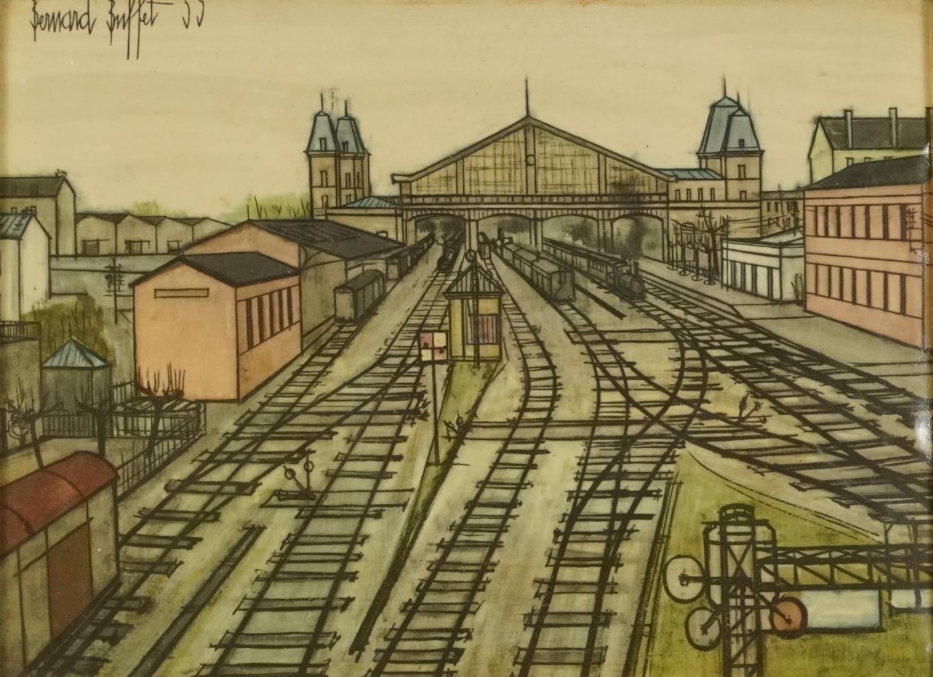 After Bernard Buffet - Railroad Train Depot, print in colour, mounted and framed, 22.5cm x 16cm