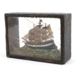 Antique painted model boat housed in a glazed display, 8.5cm H x 12cm W x 5cm D