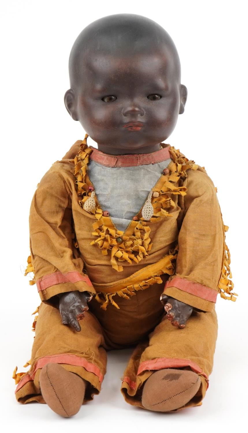 Armand Marseille, 19th century German bisque headed African doll with straw filled body and