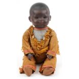 Armand Marseille, 19th century German bisque headed African doll with straw filled body and