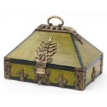 Indian hardwood dowry box with bronzed metal mounts hand painted with stylised motifs, 19cm H x 30.
